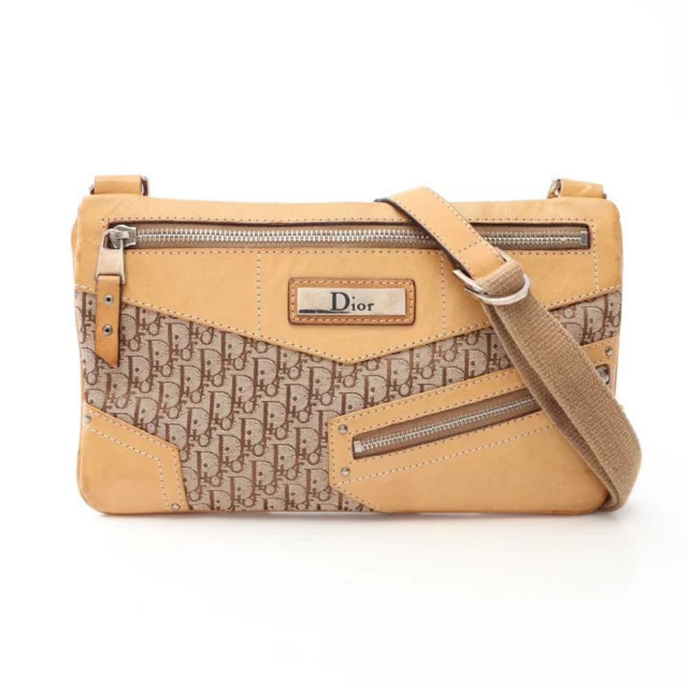 Christian Dior Street Trotter Shoulder Bag Canvas Leather Beige Cream